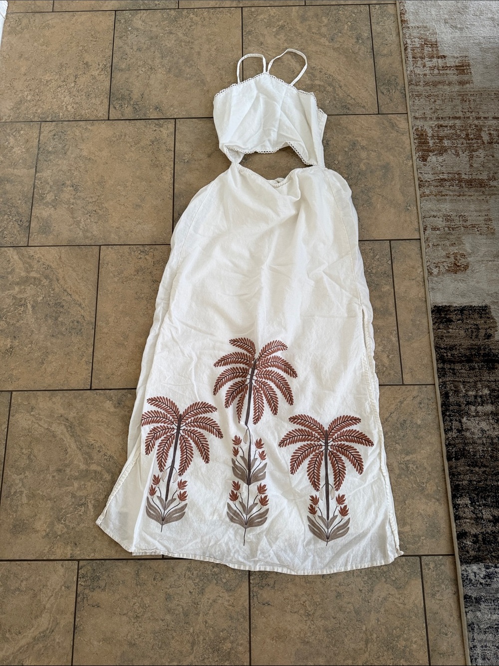 White Maxi Dress with Brown Palm Embroidery